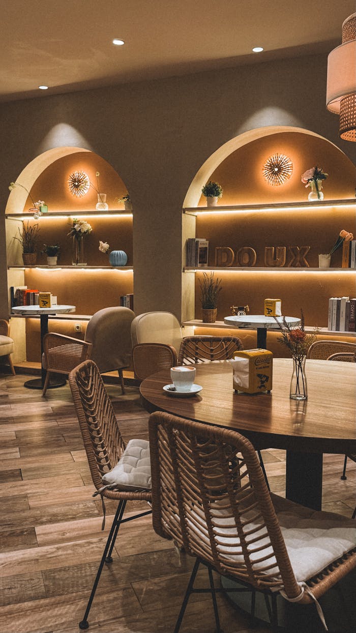 Warm and inviting cafe interior in Barcelona, showcasing elegant decor and comfortable seating.